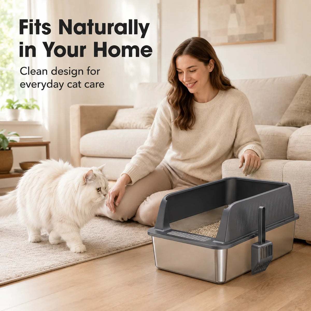 Stainless Steel Cat Litter Box High Wall Semi Enclosed Open Cat Toilet Anti Scatter Litter Pan with Scoop for Large Indoor Cats