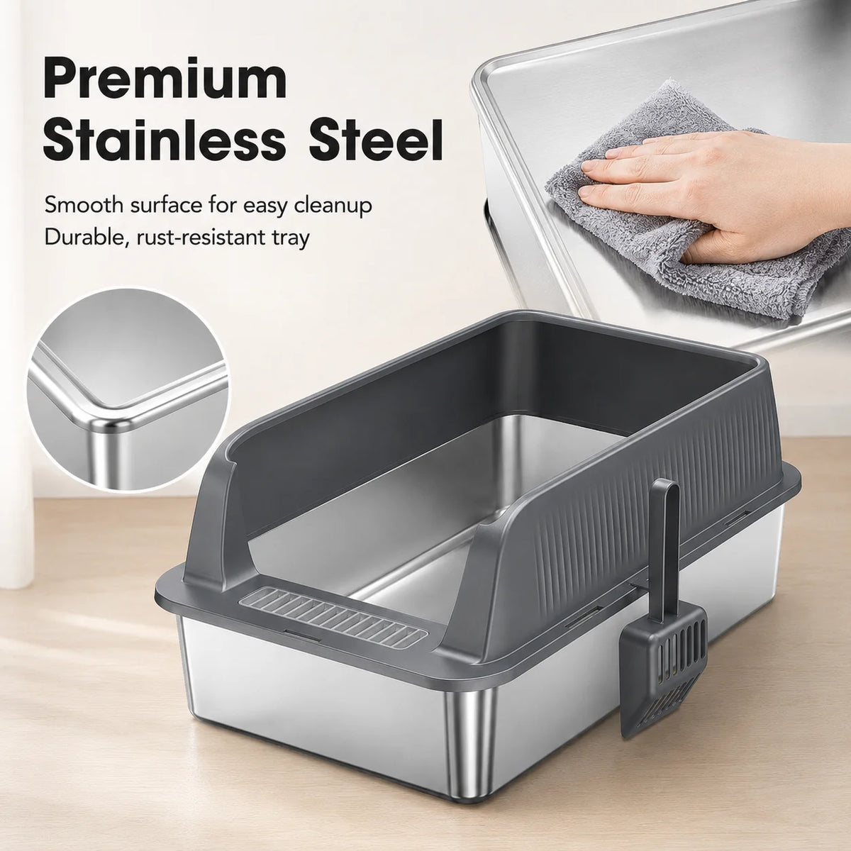 Stainless Steel Cat Litter Box High Wall Semi Enclosed Open Cat Toilet Anti Scatter Litter Pan with Scoop for Large Indoor Cats