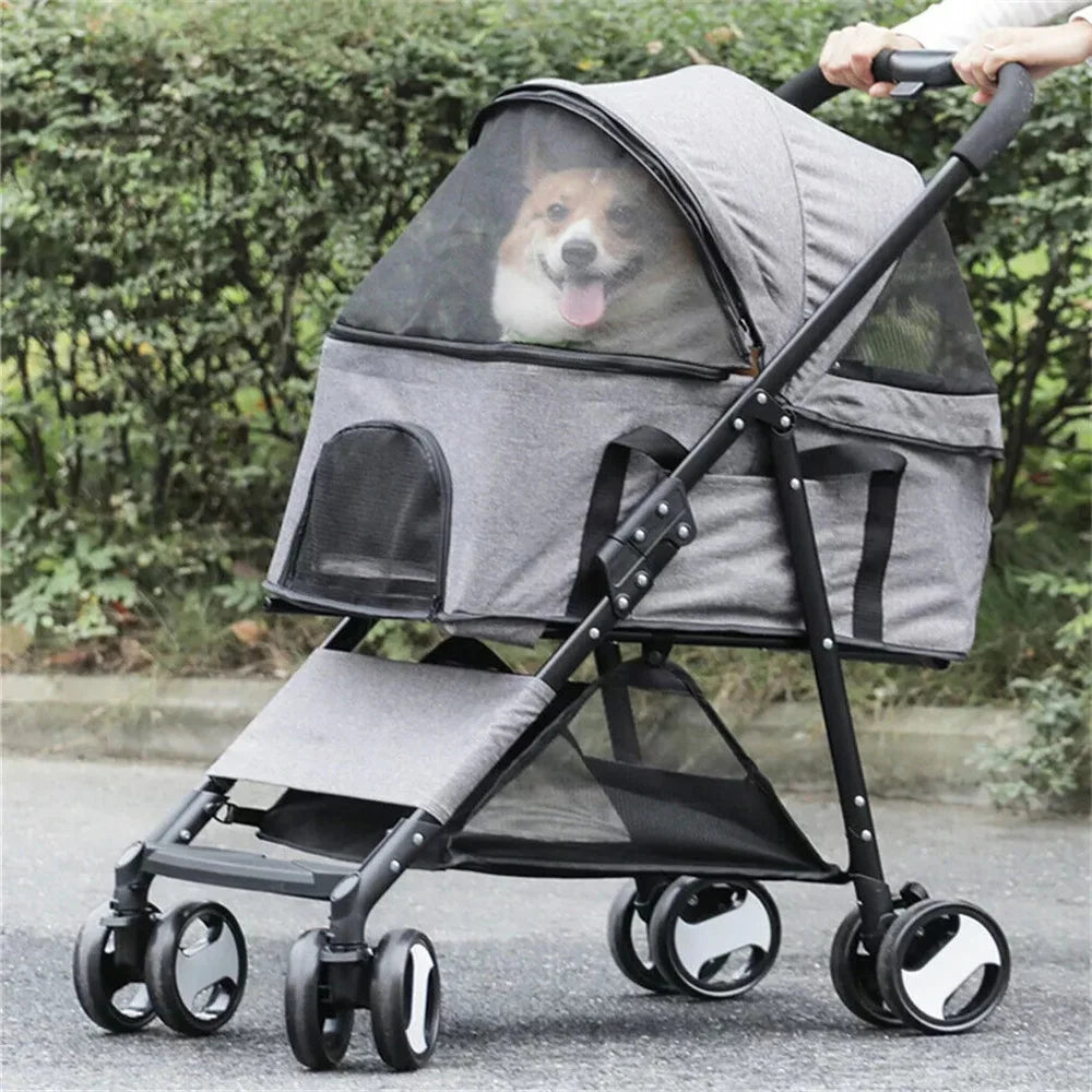 Foldable Four Wheel Pet Stroller With Detachable Storage Basket