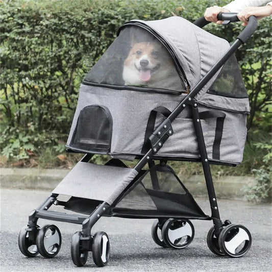 Foldable Four Wheel Pet Stroller With Detachable Storage Basket
