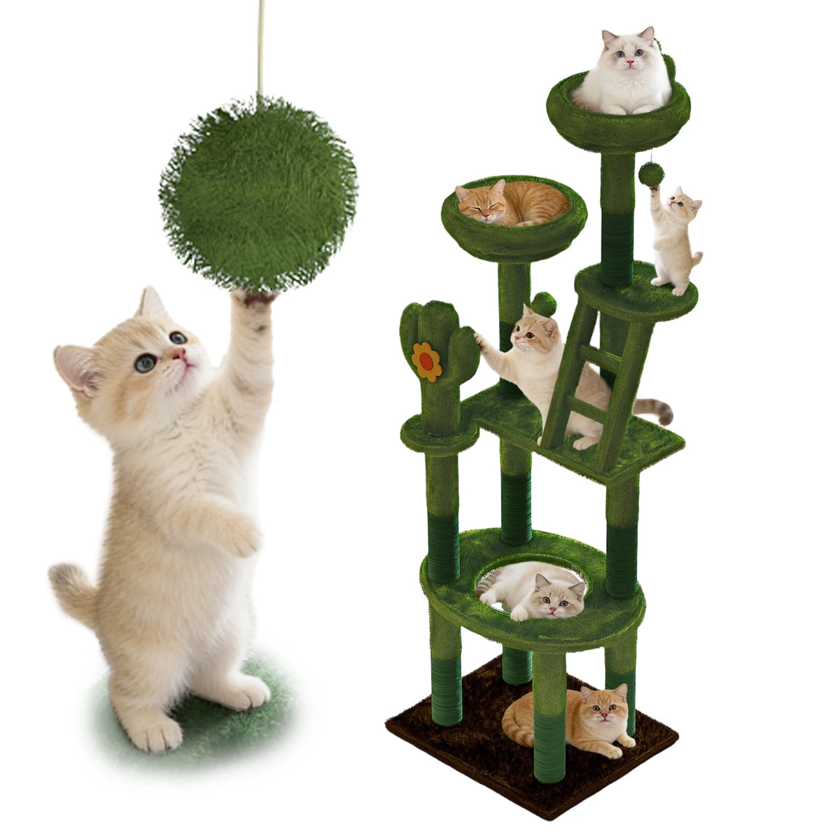 72" Cactus Cat Tree with Transparent Capsule, Tall Cat Tower Condo with Sisal Scratching Posts, Plush Perches & Hanging Toys, Multi-Level Activity Center for Large Indoor Cats