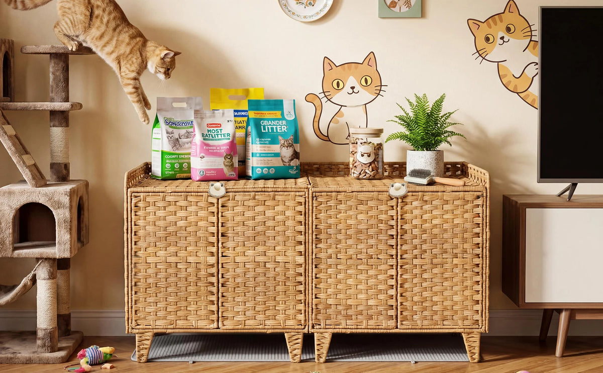 HiMiss Handwoven Rattan Hidden Cat Litter Box Enclosure Furniture