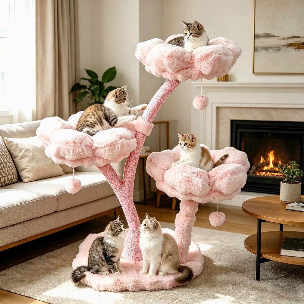 Borwart Wooden Four Tier Cat Tree With Scratching Post Toys