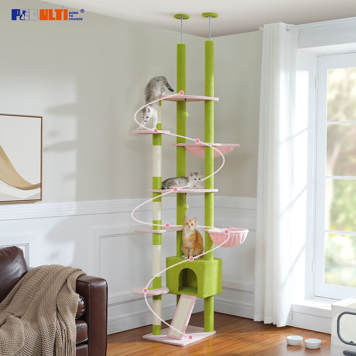 PEQULTI Adjustable Height Indoor Cat Tree With Hammock And Post