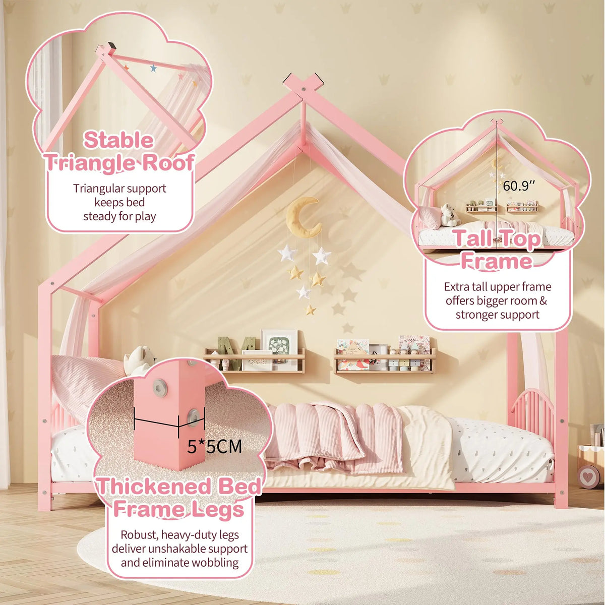 HiMiss Montessori House Floor Bed With Safety Rails