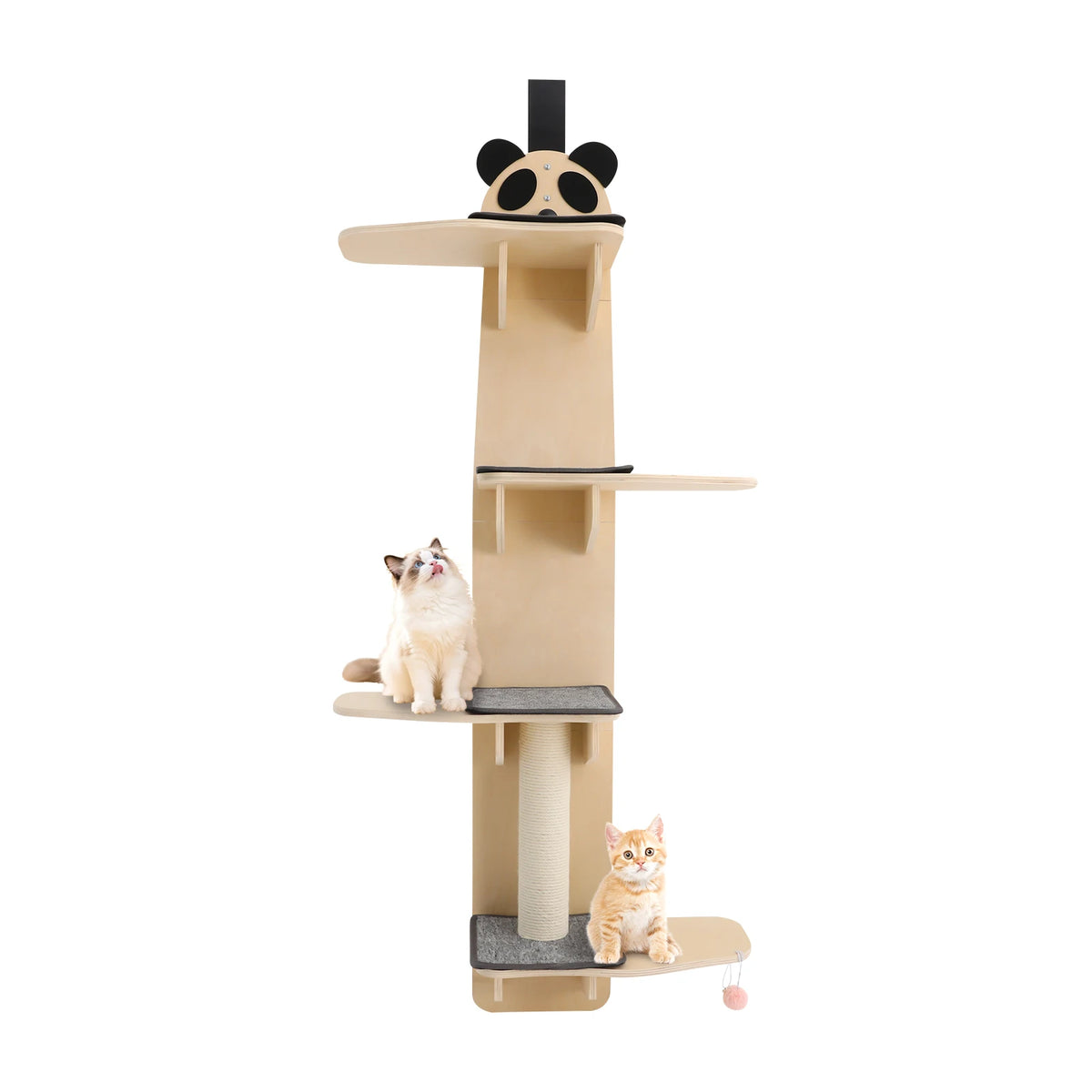 Panda Head Wooden Cat Climber With Toy And Four Tiers