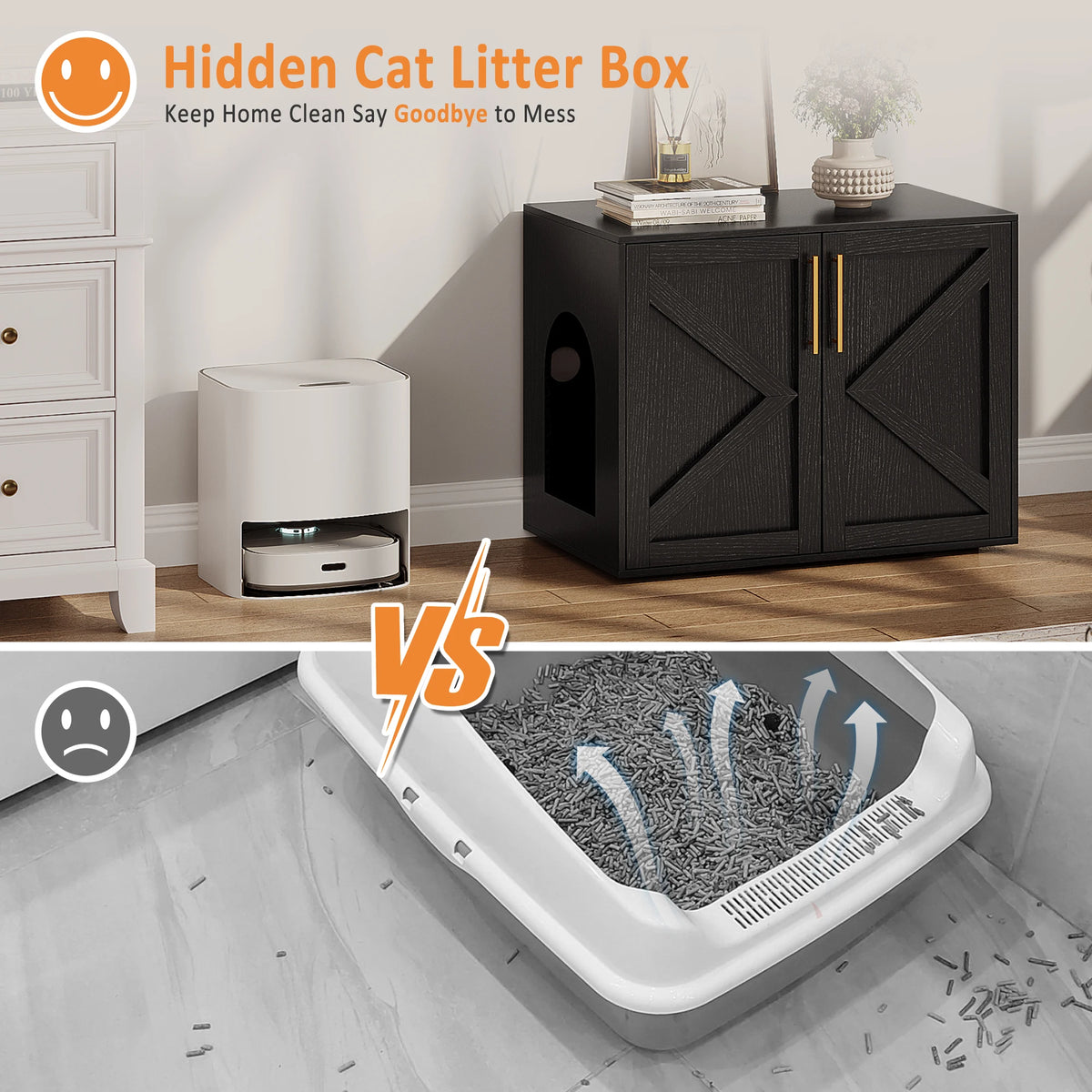 Multi-Functional Hidden Cat Litter Box Enclosure - Wooden Cat Furniture with Barn Doors, Spacious Washroom Cabinet & End Table for Indoor Living Room or Bedroom - Modern Design