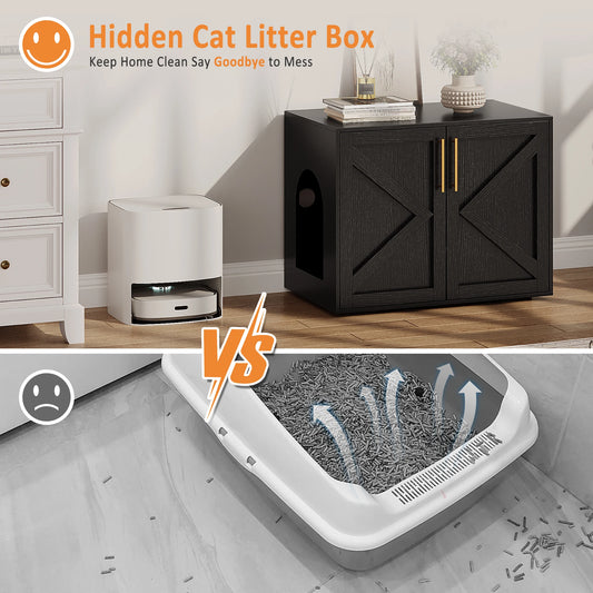 Multi-Functional Hidden Cat Litter Box Enclosure - Wooden Cat Furniture with Barn Doors, Spacious Washroom Cabinet & End Table for Indoor Living Room or Bedroom - Modern Design